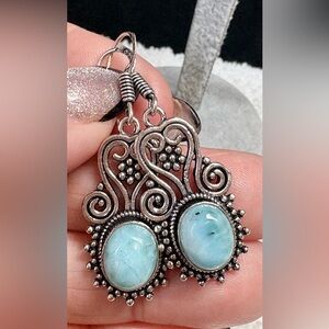 GREAT DEAL Genuine Larimar handmade artisan Silver Dangle Earrings 1.8”